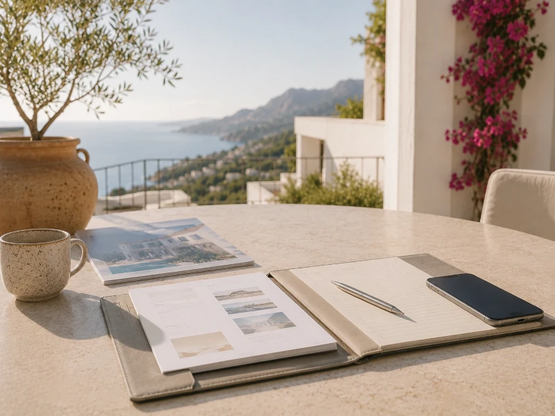 Illustration of a Spanish property buyer preparing questions before making an offer